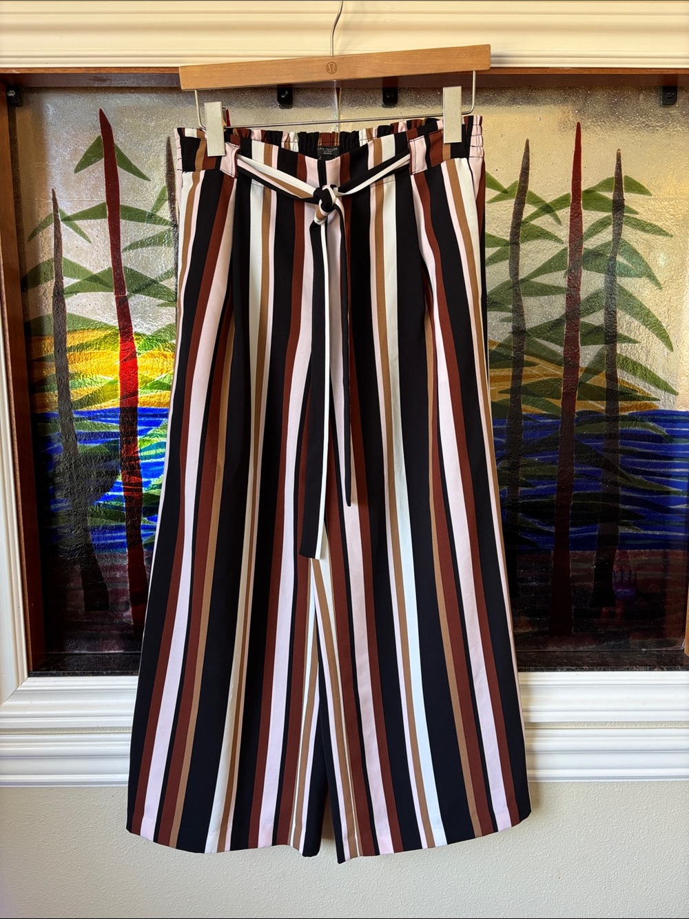 Ann Taylor Striped Wide-Leg Tie-Waist Pant in Black, Brown, Cream & hint of Pink
